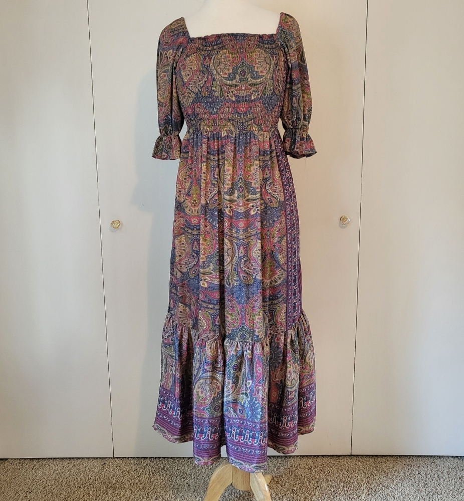 Perry Walker Collective Grace Paisley Smocked Bohemian Midi Dress Silk Blend OS